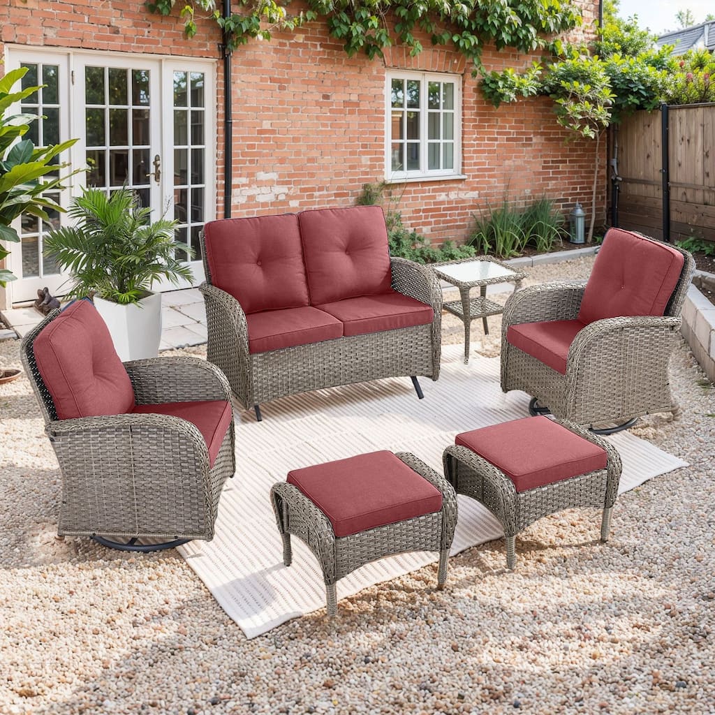 Outdoor Glider Sofa with Swivel Chairs Ottoamns Grey-Red - Grey