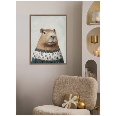 Kate and Laurel Sylvie Framed Canvas Capybara in Winter Snowflake Sweater by The Creative Bunch Studio