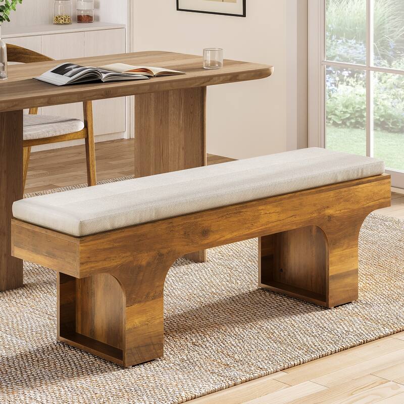 Dining Bench with Linen Cushion, 55.2" End of Bed Upholstered Bench - Rustic Brown + White