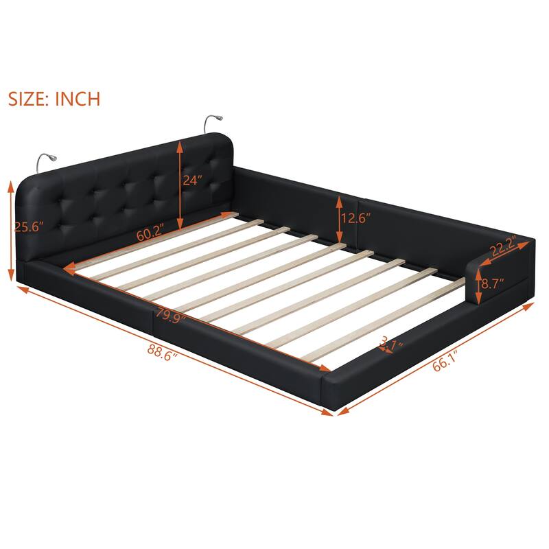 L-shape Platform Bed with Recessed Lights, Gingham Upholstered Queen Size