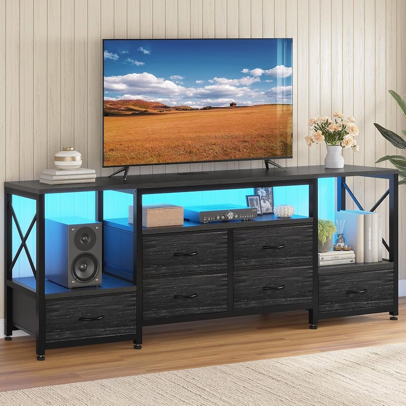 TV Stand with LED Lights Power Outlets Dresser Fabric Drawers Entertainment Center