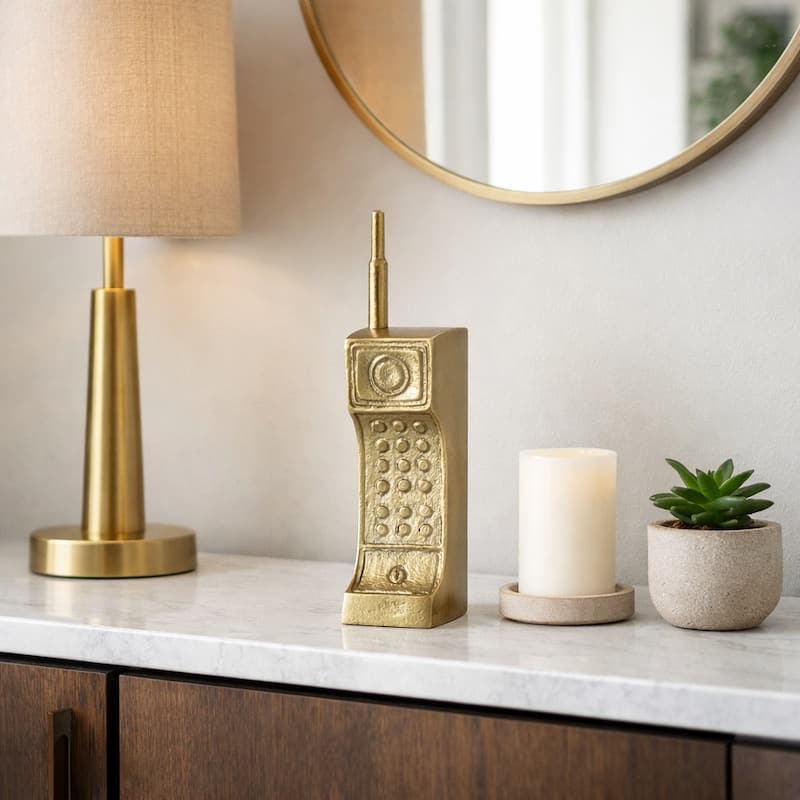 Decorative Metal Cordless Phone Figurine Sculpture - 8", Gold - 8.0"