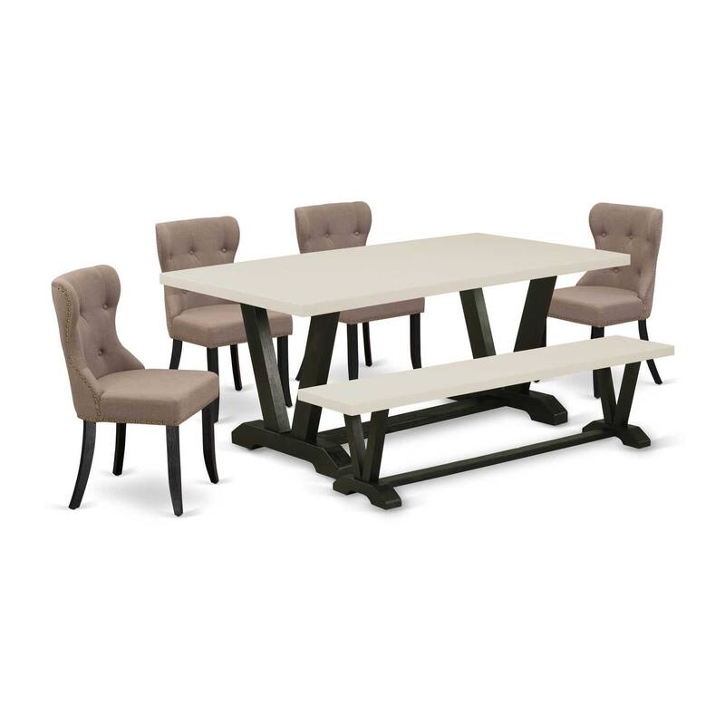 Luxury 6-Piece Kitchen Dining Set - Linen Fabric Chairs & Wooden Bench - Rectangular Table