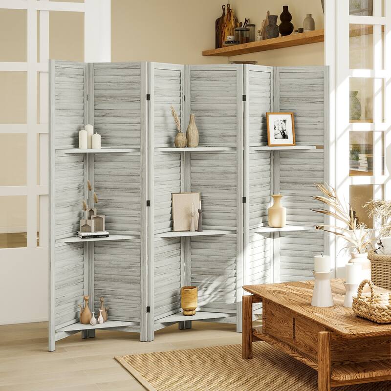 HOMCOM Room Divider, 6 Panel 67" Tall Wood Privacy Screen with 3 Display Shelves, and Folding Storage for Bedroom, Gray - Off-White