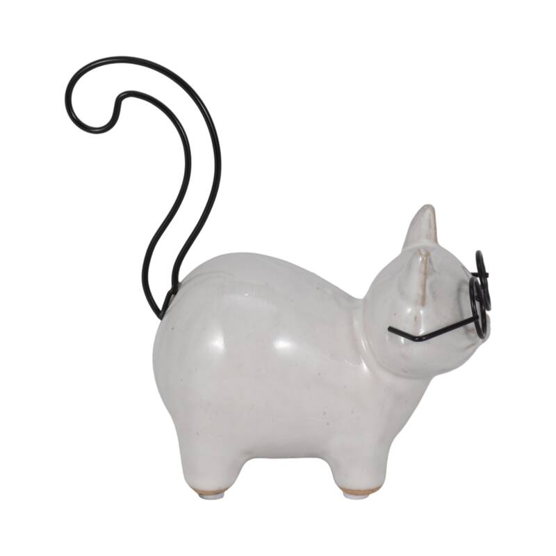 6" Ceramic Kitten with Glasses Figurine, Contemporary White and Black Standing Cat Decorative Accent For Home - 6" x 3" x 5"