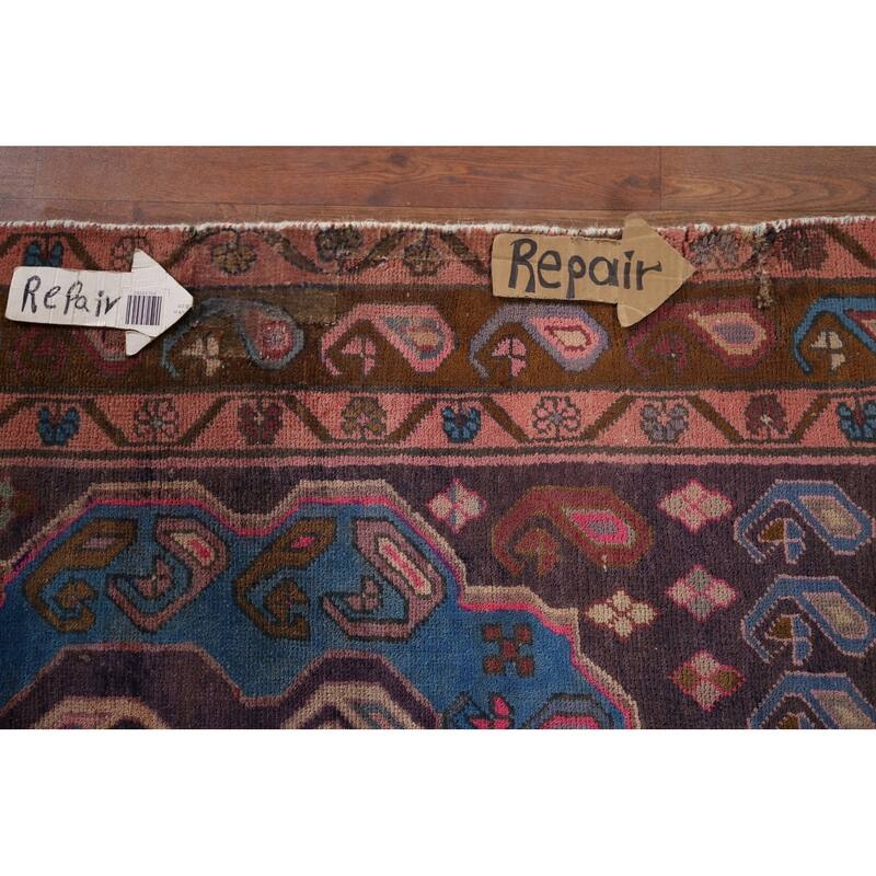 Geometric Meshkin Persian Vintage Runner Rug Hand-Knotted Wool Carpet - 3'9" x 10'6"