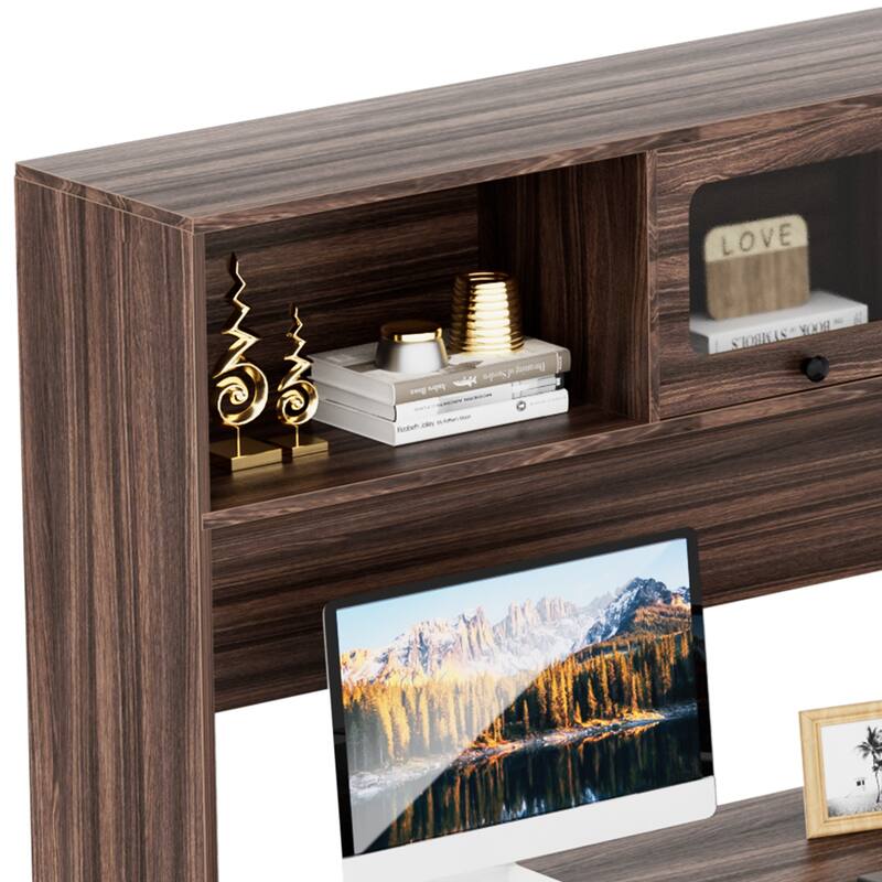 L Shaped Desk with File Cabinet and Hutch, Home Office Corner Computer Desk with Drawers and Charge Station