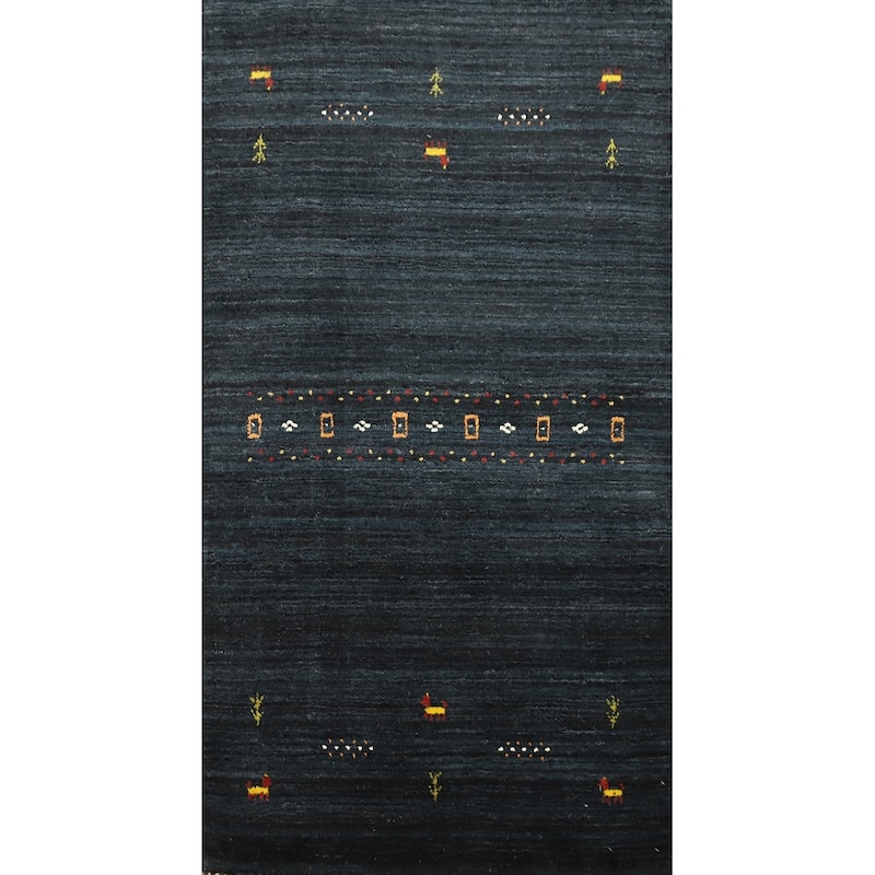 Hand Knotted Oriental 100% Wool Carpet Tribal Animal Pictorial Navy Blue & Blues Gabbeh Area Rug - 4' 10'' X 3' 0''