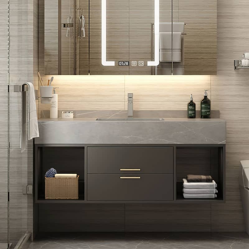 39-Inch Modern Solid Wood Floating Dresser with Ceramic Sink 2 Drawers and Shelves Pre-Installed Black