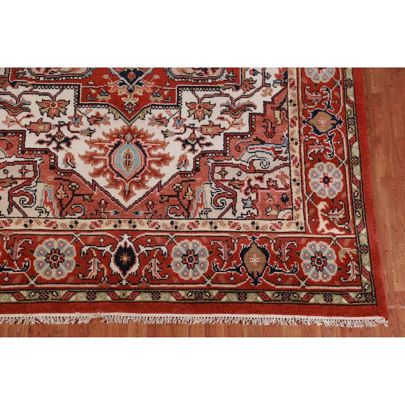 Hand Knotted Oriental 100% Wool Carpet Traditional Medallion Beige & Ivories Heriz (serapi) Area Rug - 10' 3'' X 7' 8''