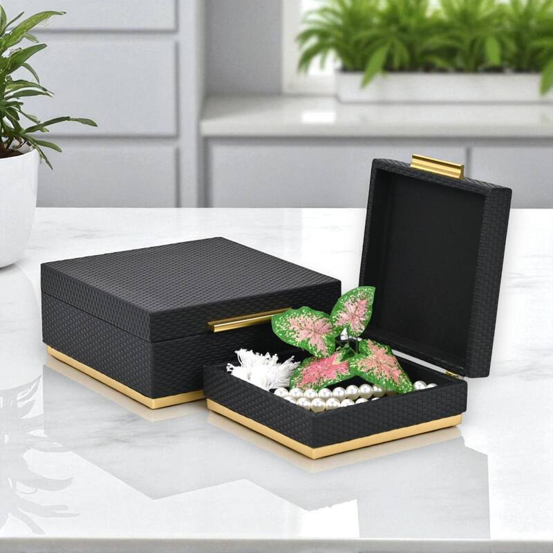 Tamsin Set of 2 Square Decorative Storage Boxes - Wicker Weave Pattern with Gold Hardware - Black