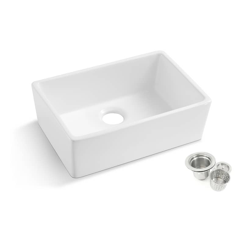 Durable 23.75-Inch Fireclay Farmhouse Apron Single Bowl White Kitchen Sink with Strainer - White