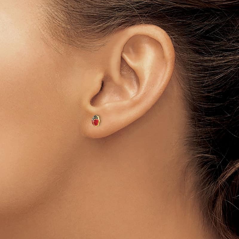 Curata 14k Yellow Gold Girls Small Enameled Ladybug Stud Earrings (6mm)