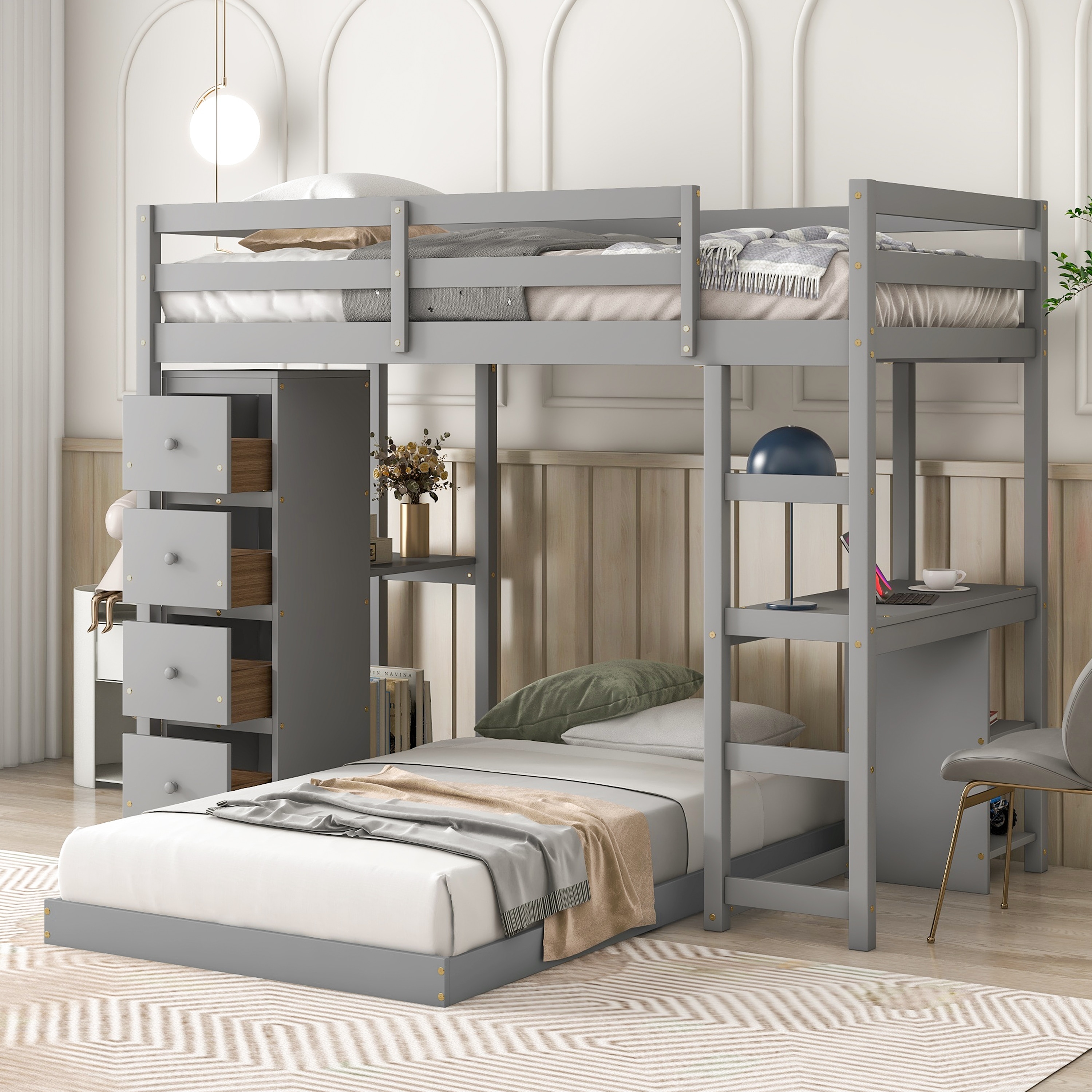 Bunk beds with a 2024 desk at the bottom