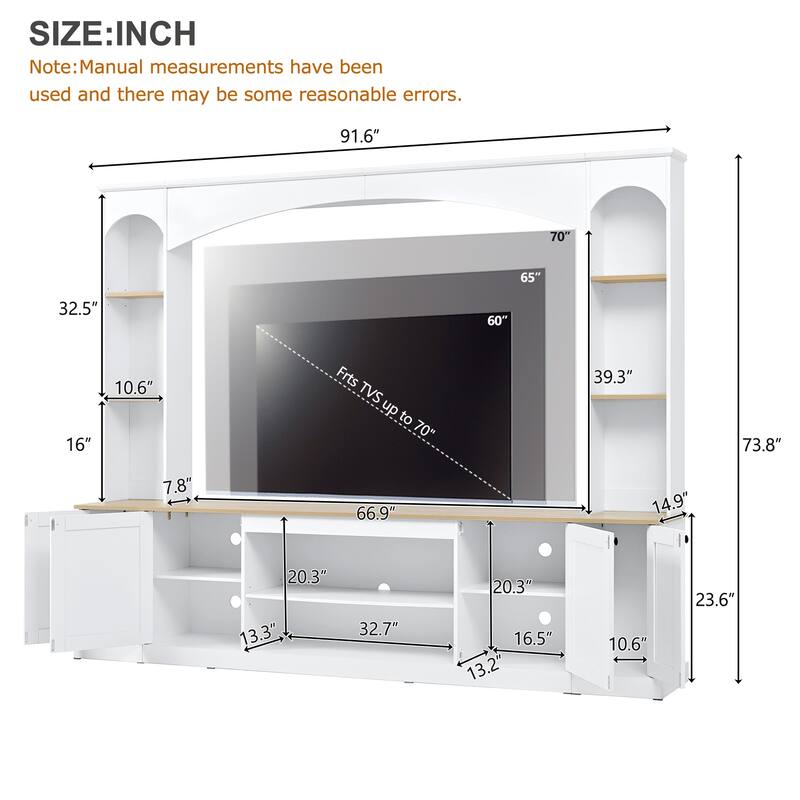 Farmhouse Arched Entertainment Center, 91" Wood Grain Media Console for 70" TVs with Bookshelf & Adjustable Shelves