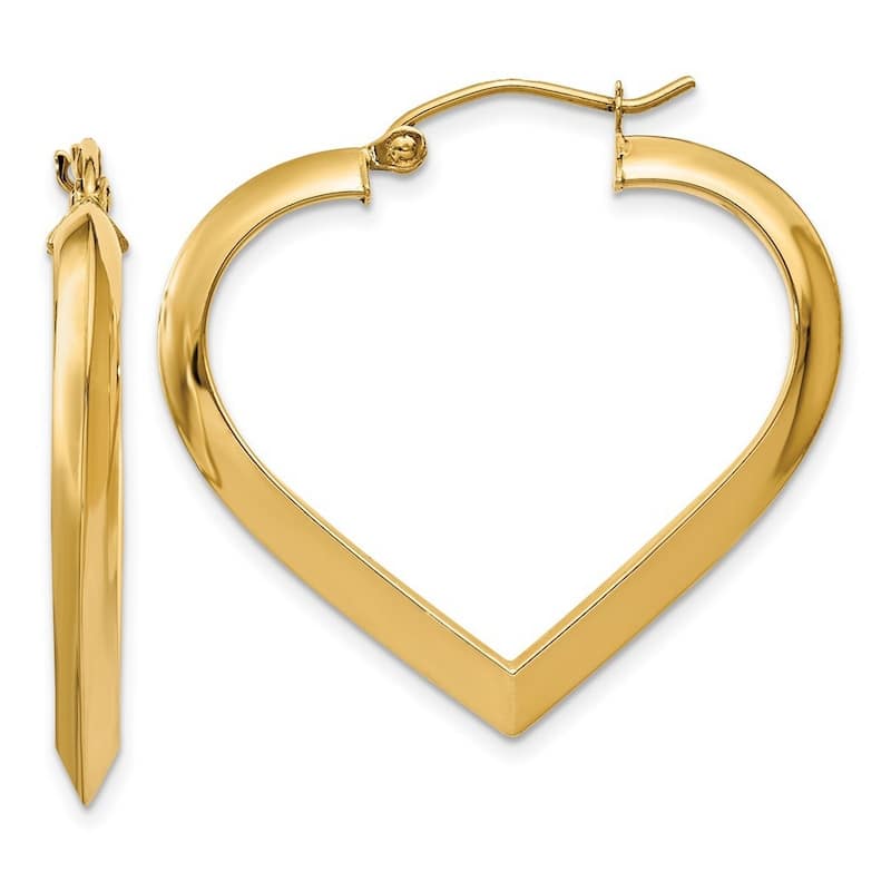 Curata 14k Yellow Gold Hollow 28x3mm Tube Hinged Post Polished Love Heart Hoop Earrings