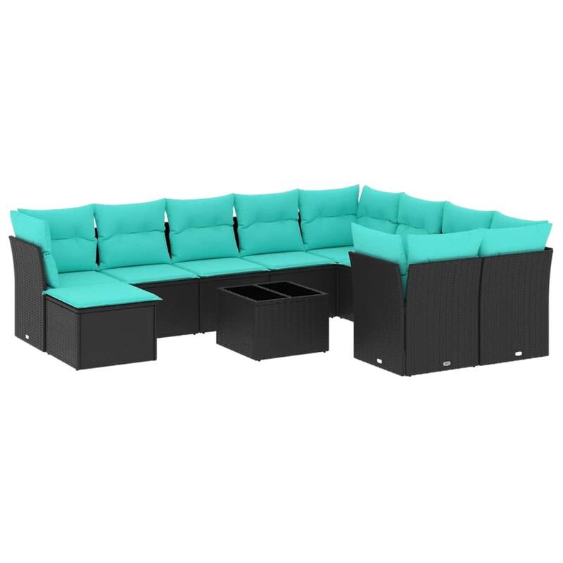 vidaXL 11 Piece Patio Sofa Set with Cushions Black Poly Rattan - 24.4x27.2x24.4
