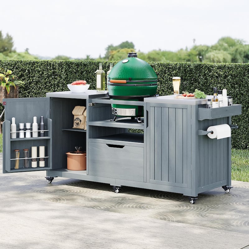 66.5" Outdoor Kitchen Island for Big Green Egg Grills, Solid Wood Outdoor Grill Cart - Grey+Blue