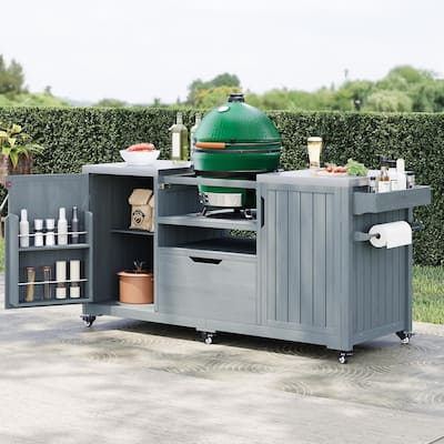 Outdoor Kitchen Island Grill Cart for Big Green Egg Grills with Stainless Steel Top and Storage Racks