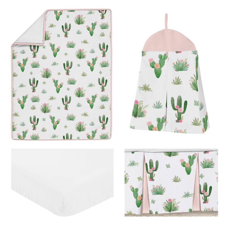 Sweet Jojo Designs Pink and Green Boho Watercolor Cactus Floral Collection Girl 4-piece Bumperless Crib Bedding Set