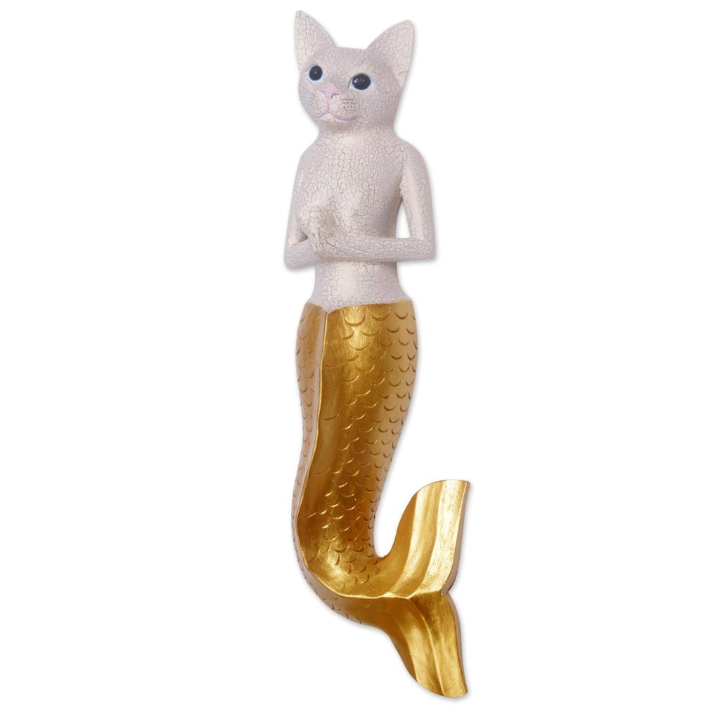 Handmade Mermaid Kitty in White Wood wall sculpture (Indonesia)