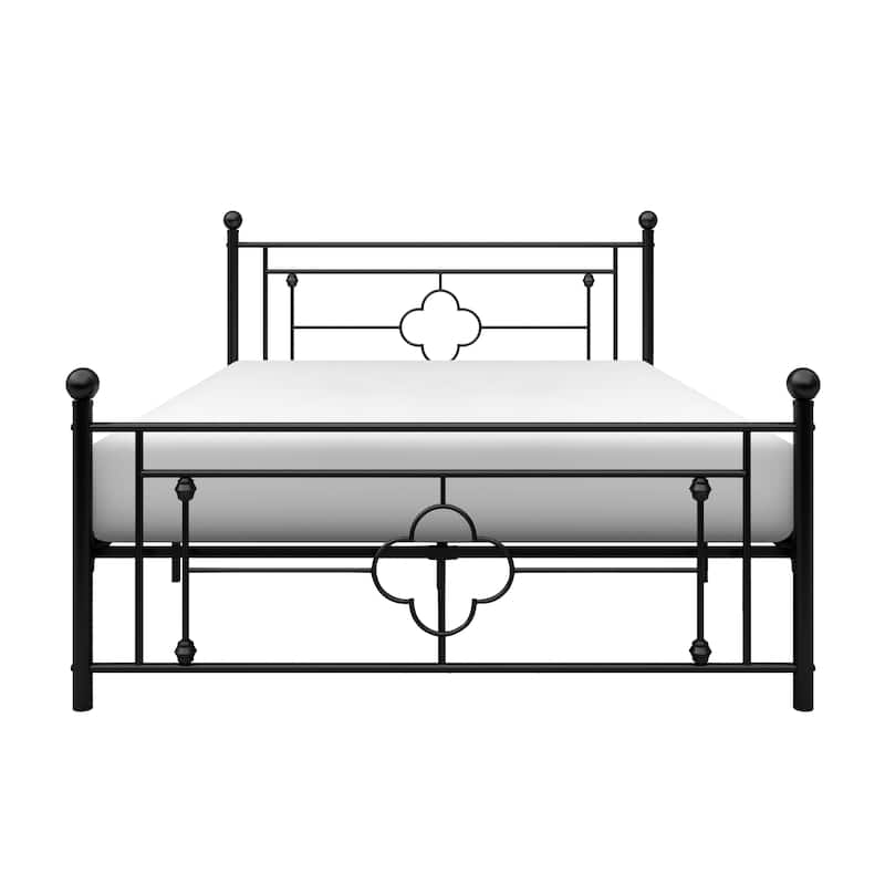 Full Platform Bed with Black Finish Metal Frame and Ball Finials - Black