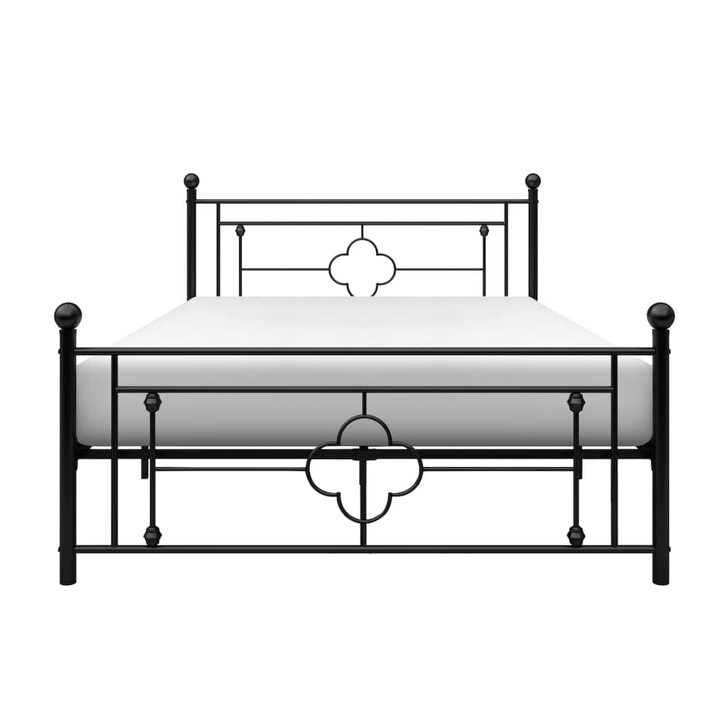 Full Platform Bed with Black Finish Metal Frame and Ball Finials