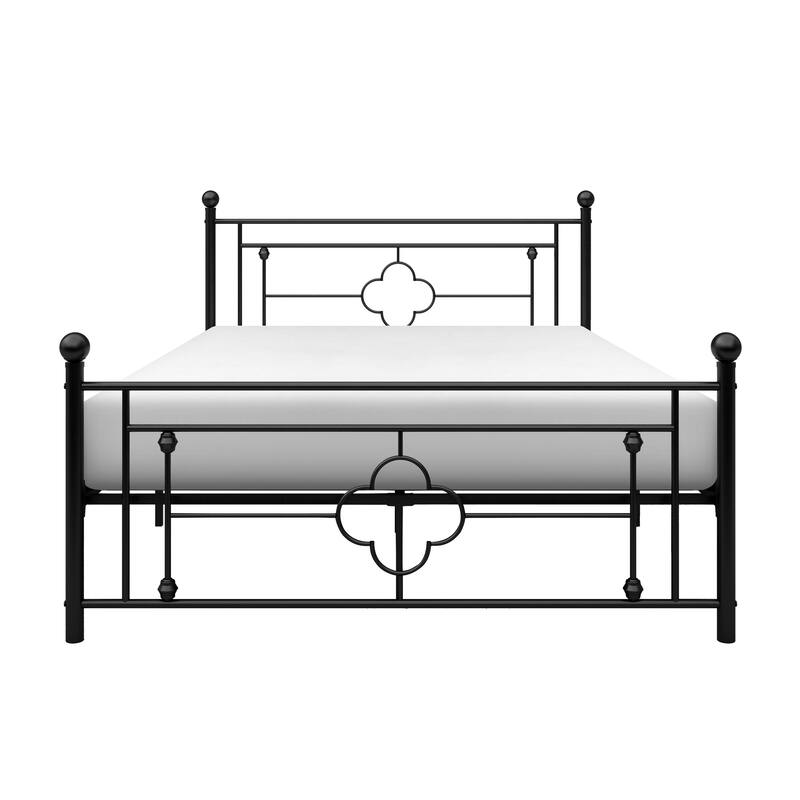 Full Size Metal Platform Bed with Ball Finials and Quatrefoil Design - Black