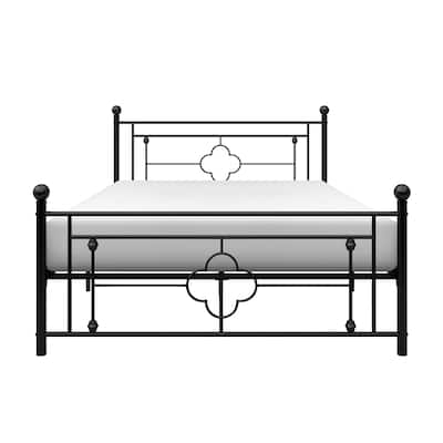 Full Size Metal Platform Bed with Ball Finials and Quatrefoil Design