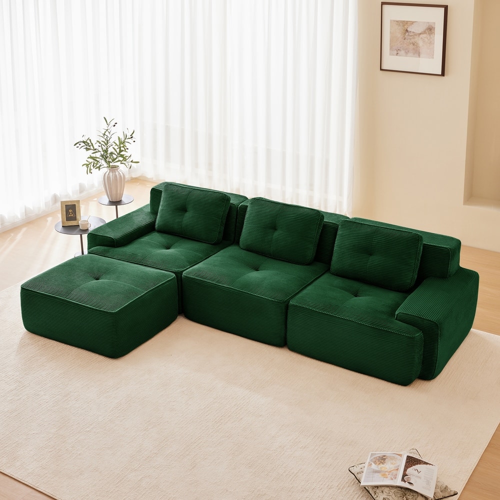 117" Modern L-Shaped Modular Sectional Sofa for Living Room, Corduroy Fabric,3-Seater Couch with Deep Seat and Movable Ottoman