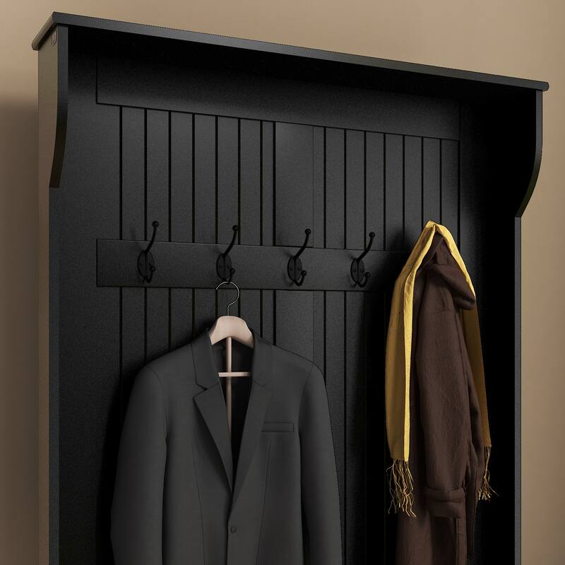 38" 3-In-1 Coat Rack with Storage Bench,Four Hooks and Shoe Storage