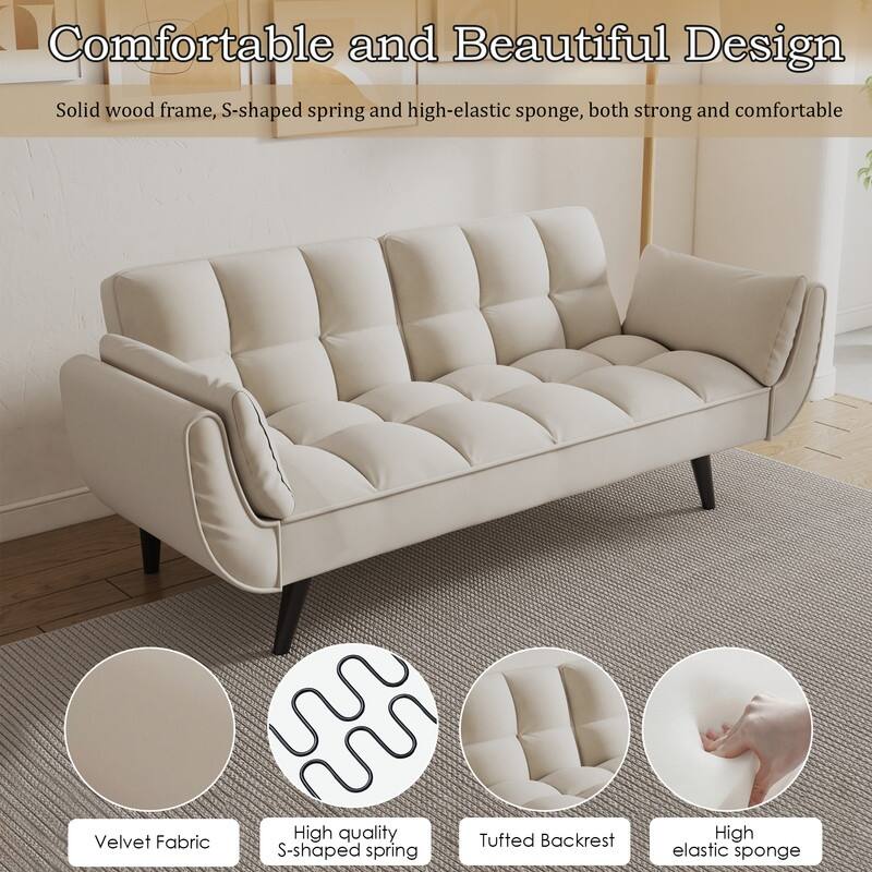 74" Velvet Upholstered Double Sofa Bed, Beige