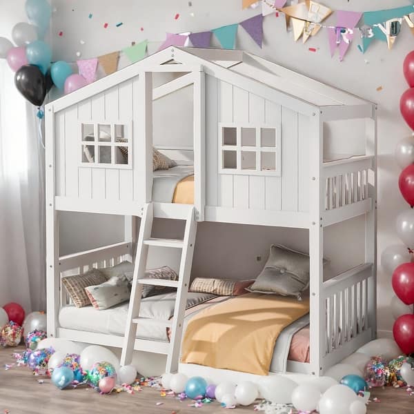 slide 2 of 14, Modren Twin Over Twin House Bunk Bed With Ladder And Solid Construction For Bedroom White