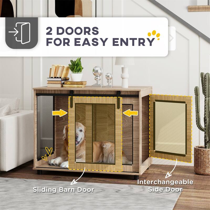 Walnut Brown Dog Crate Furniture with Barn Door Side Door Fine Mesh and Adjustable Feet