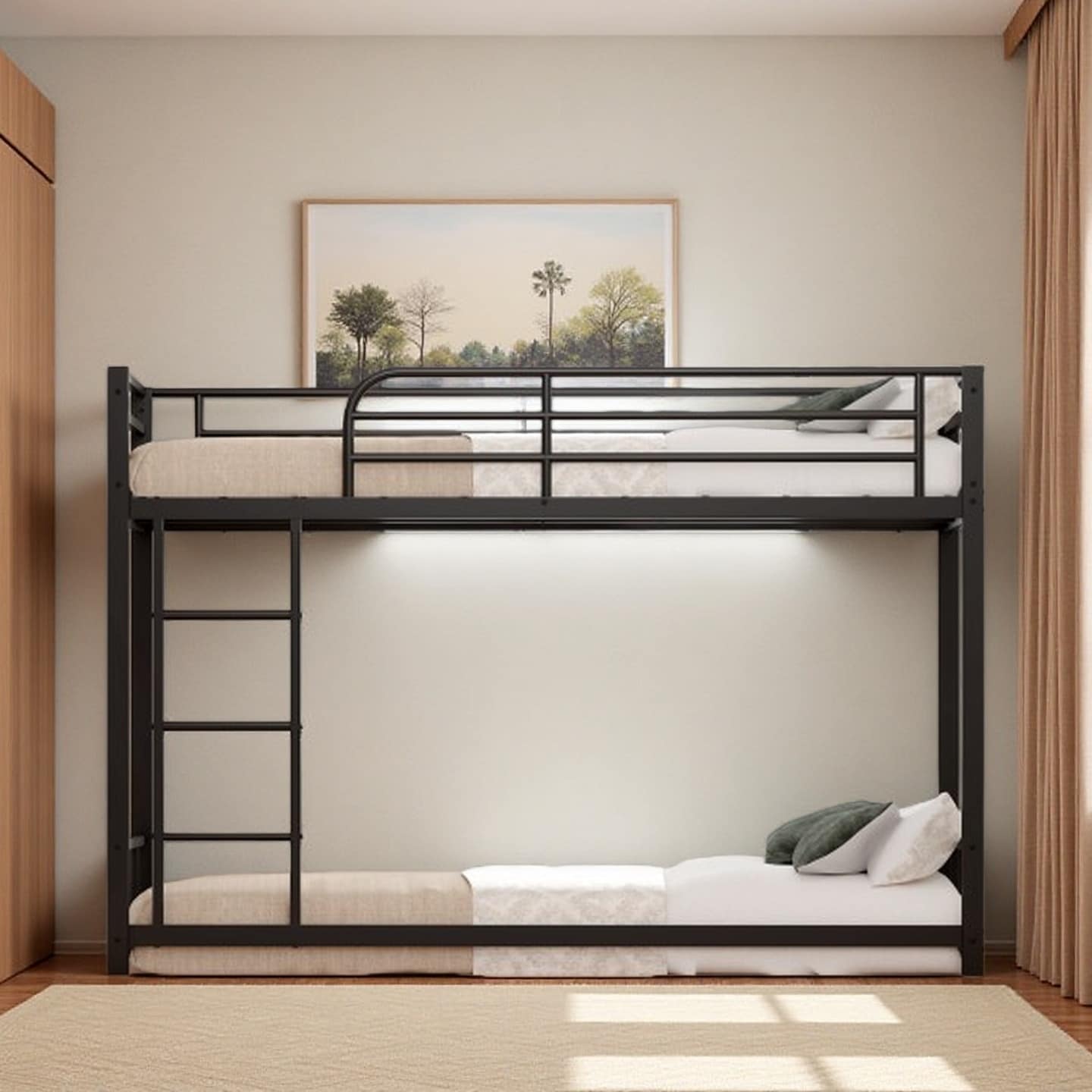 Twin Over Twin Metal Bunk Bed with Ladder and Full-Length Guardrails, Heavy-Duty Frame with Steel Slats, No Box Spring Needed