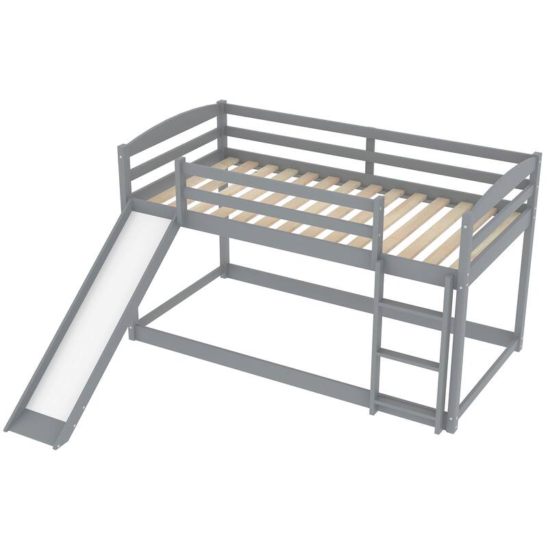 Low Twin Bunk Bed with Slide and Ladder, Sturdy Wooden Frame
