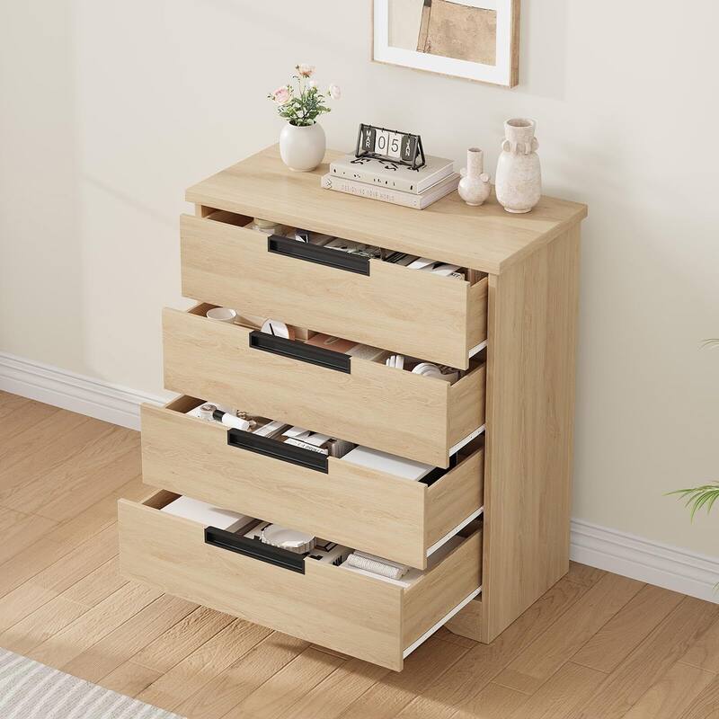 4 Drawer Dresser for Bedroom, Black Chest of Drawers with Embedded Handles Design, Wooden Dresser Organizer for Living Room