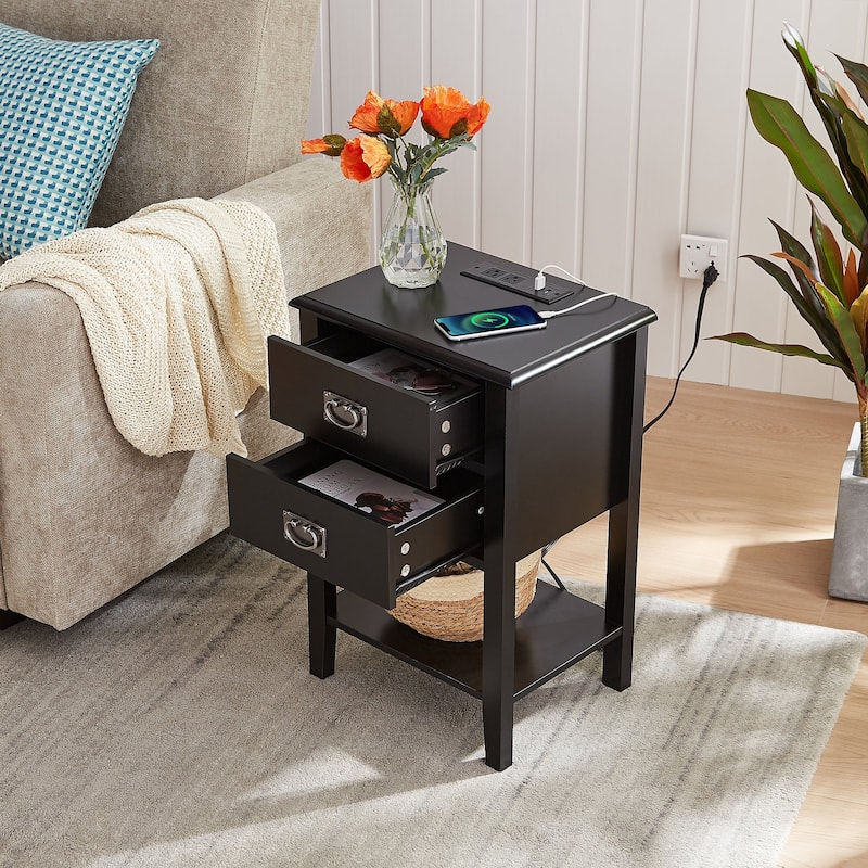 Javlergo Set of 2 Wooden Nightstand with Charging Station, Side End Table with USB Drawer and Open Storage Shelf