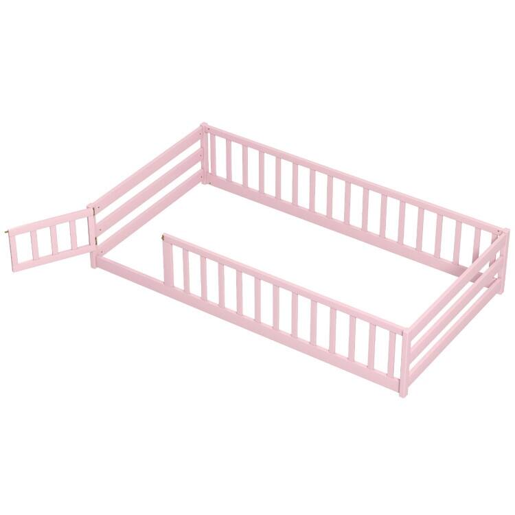 Twin Size Kids Wood Montessori Floor Bed with Door and Fence - Pink