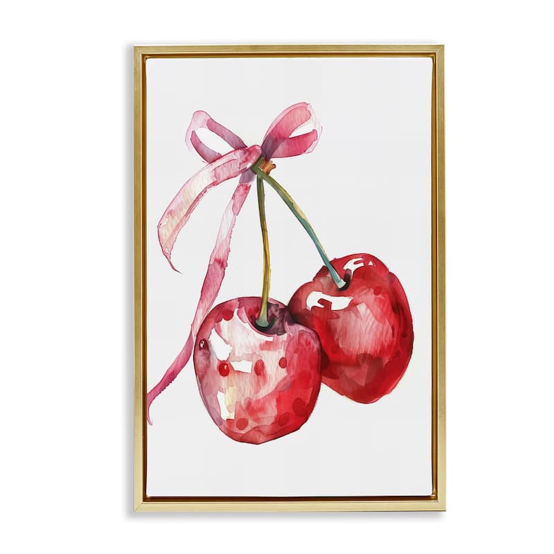 Stupell Cherries Tied in Ribbon Framed Floater Canvas Wall Art Design By LSR Design Studio - 21 x 31 - Gold