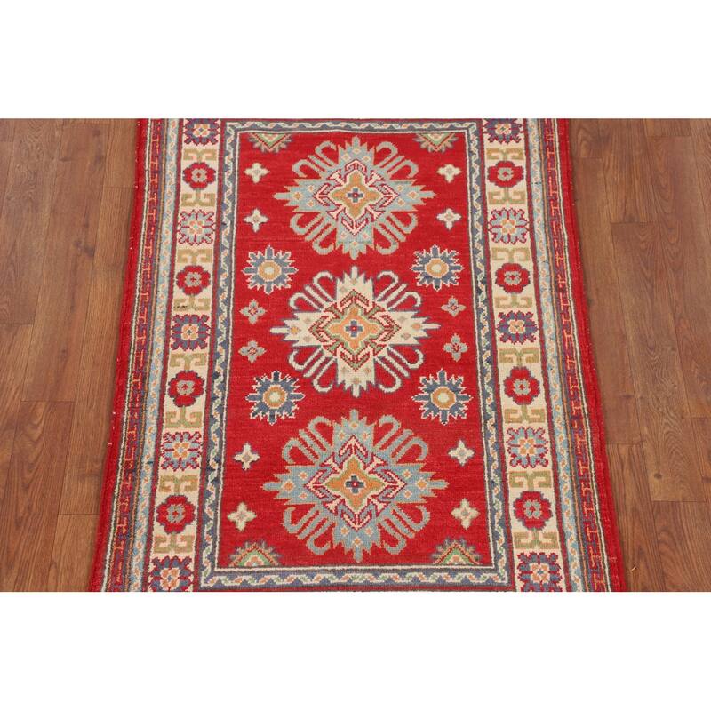 Geometric Red Kazak Foyer Rug Hand-Knotted Oriental Wool Carpet - 2'7" x 4'3"