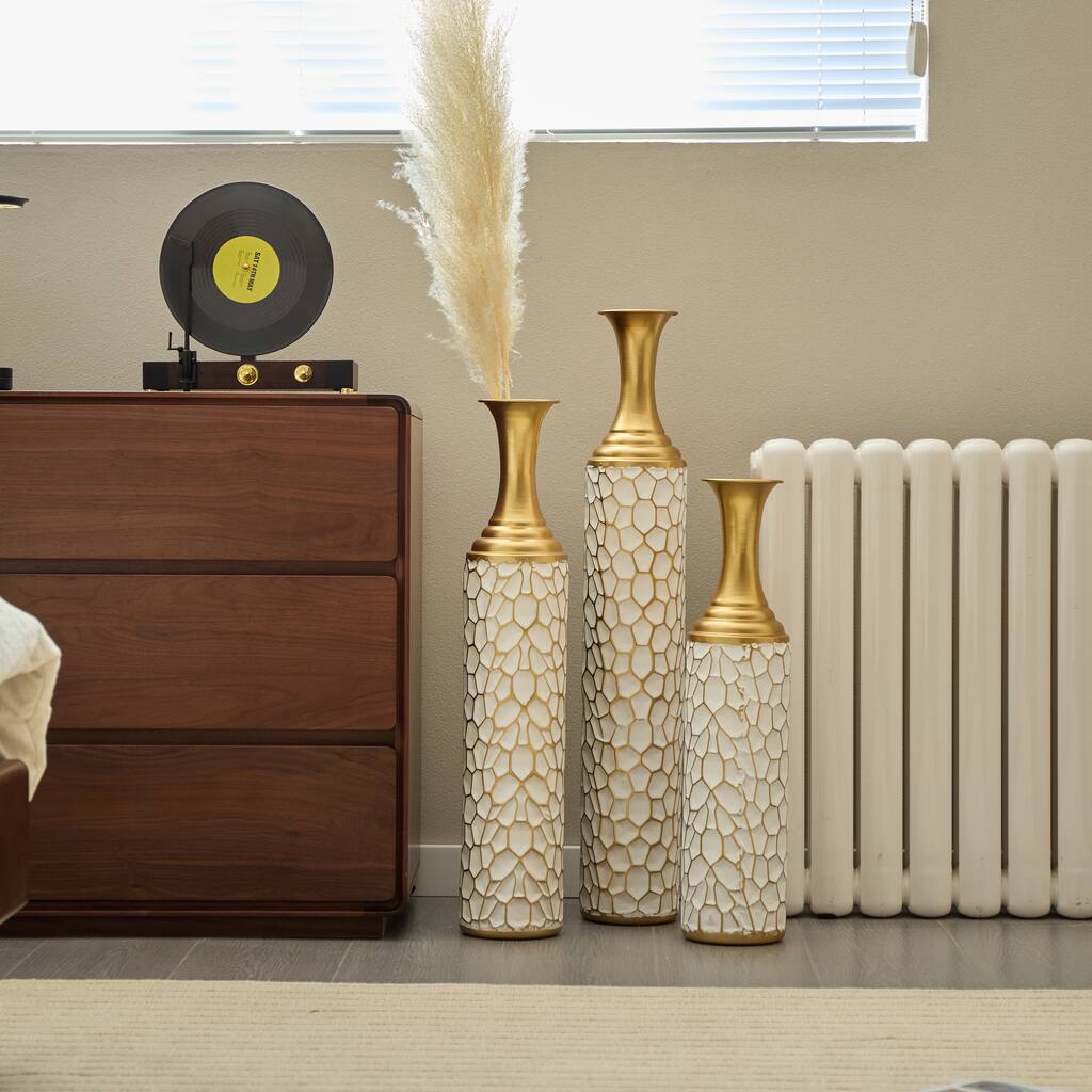 Lrregular Texture Vase Set of 3 , White Decorative Vases, Metal Floor Flower Vase, Large Glazed Vases for Artificical Flowers