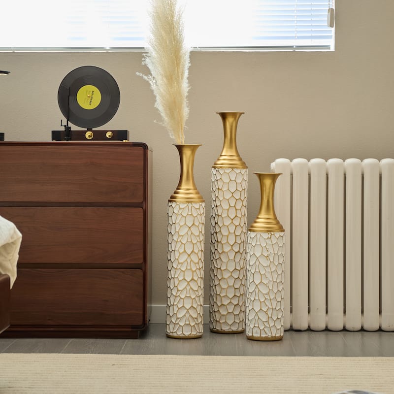 Set of 3 Modern Style Large Glazed Metal Decoration Floor Vases - Gold+White
