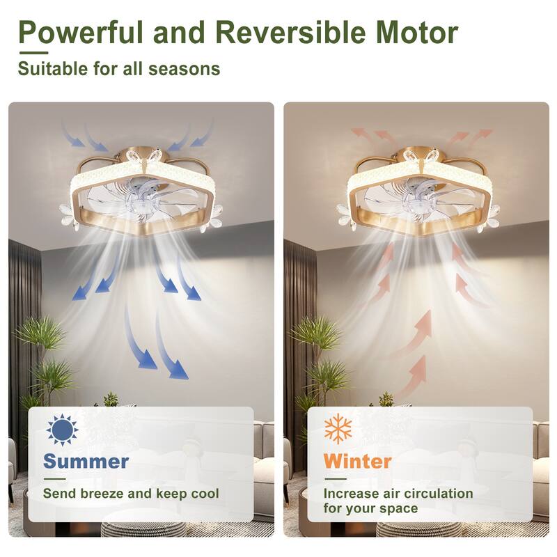 Modern Flush Mount Crystal Ceiling Fan, Gold Reversible Fandelier Fan Light for Bedroom