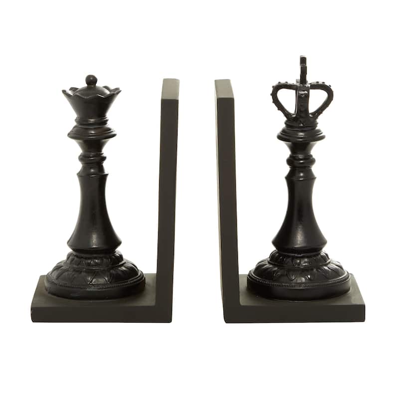 Black Polystone Chess Decorative Bookends with King and Queen (Set of 2)