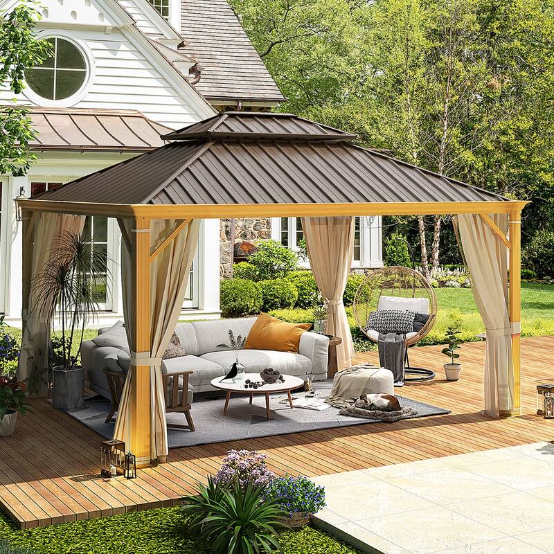 EROMMY Hardtop Gazebo with Galvanized Steel Roof and Curtains, Outdoor Aluminum Pavilion for Patio, Backyard, Lawn - 12'x14 - Wood Grain