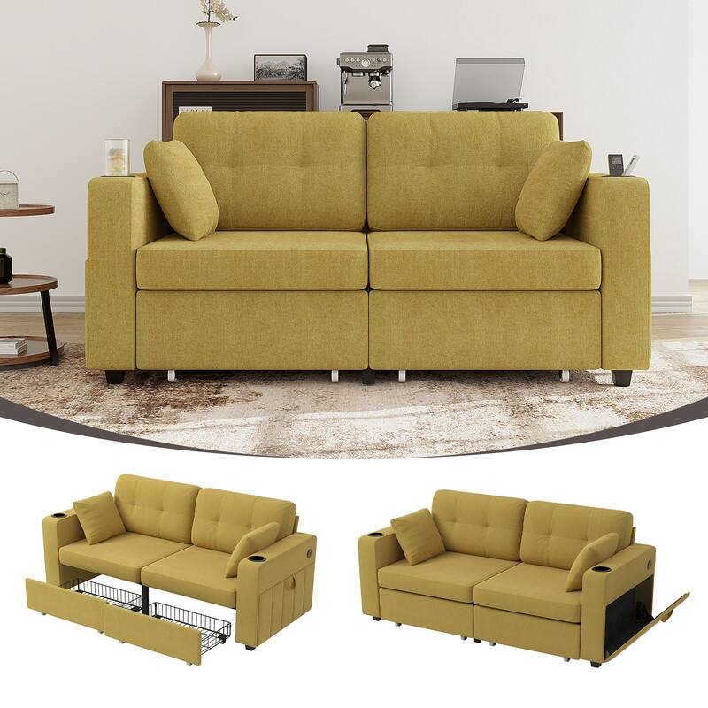 HOMEFUN Chenille Upholstered Wood Frame Modern Loveseats Sofa with Storage,USB&TYPE C