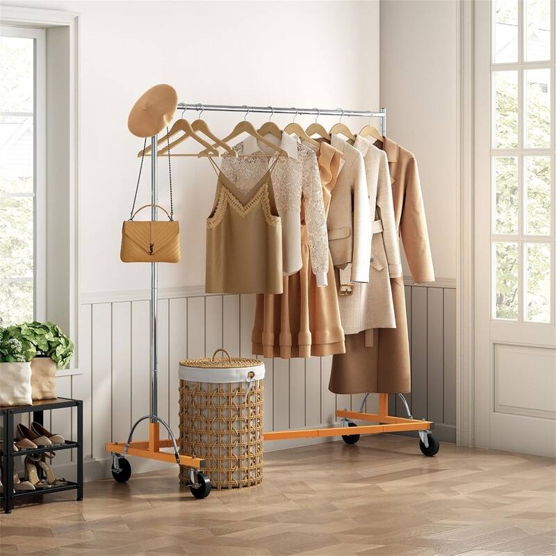 Rolling Clothes Racks with Z Base - 24"D x 57.9"W x 63.4"H - Silver&Orange