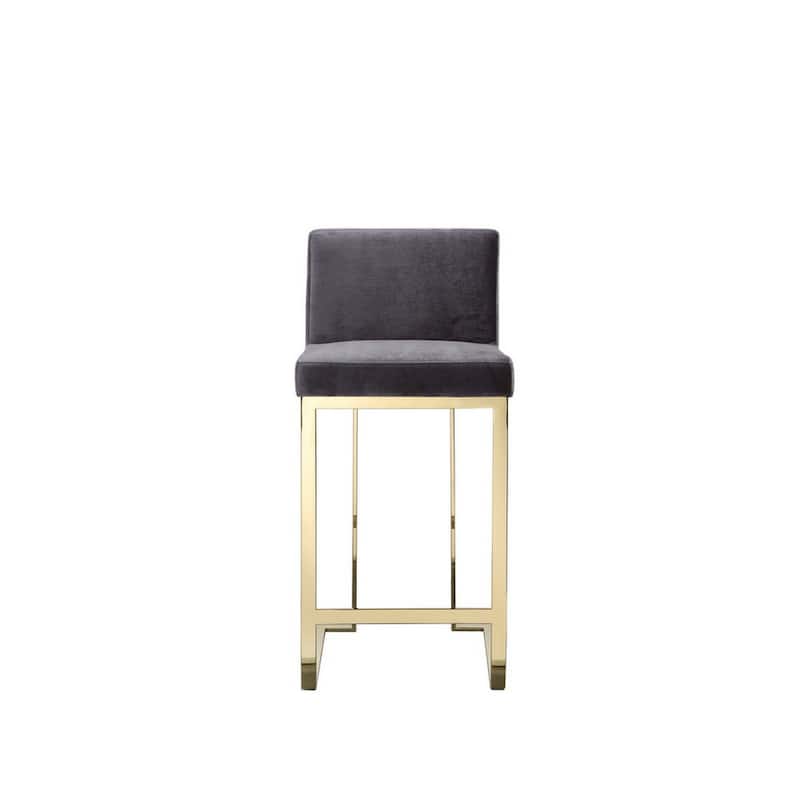 Boly 26 Inch Counter Stool Chair, Cushioned Gray Velvet, Gold Cantilever