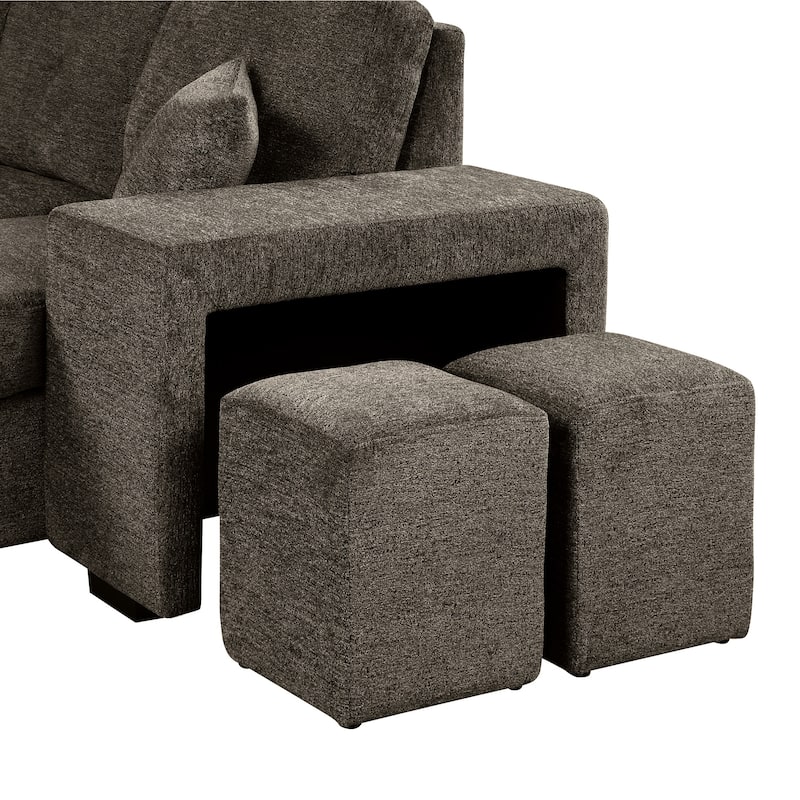 95" Velvet Sectional Sofa with Storage Chaise and 2 Stools and Reversible L-Shape Sofa Bed
